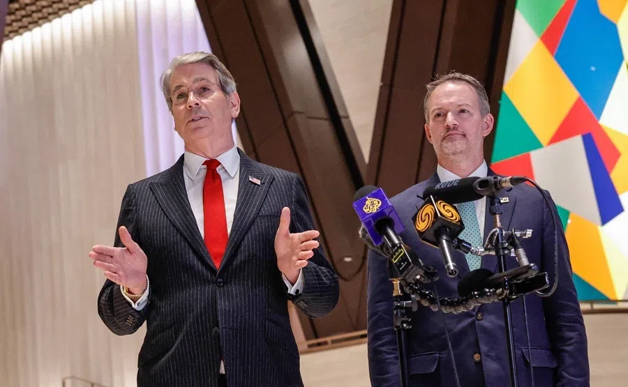 US Secretary of the Treasury Scott Bessent speaks as US Trade Representative Jamieson Greer (right) looks on during a media briefing after a meeting with China's Vice-Premier He Lifeng in New York on 20 September 2026.