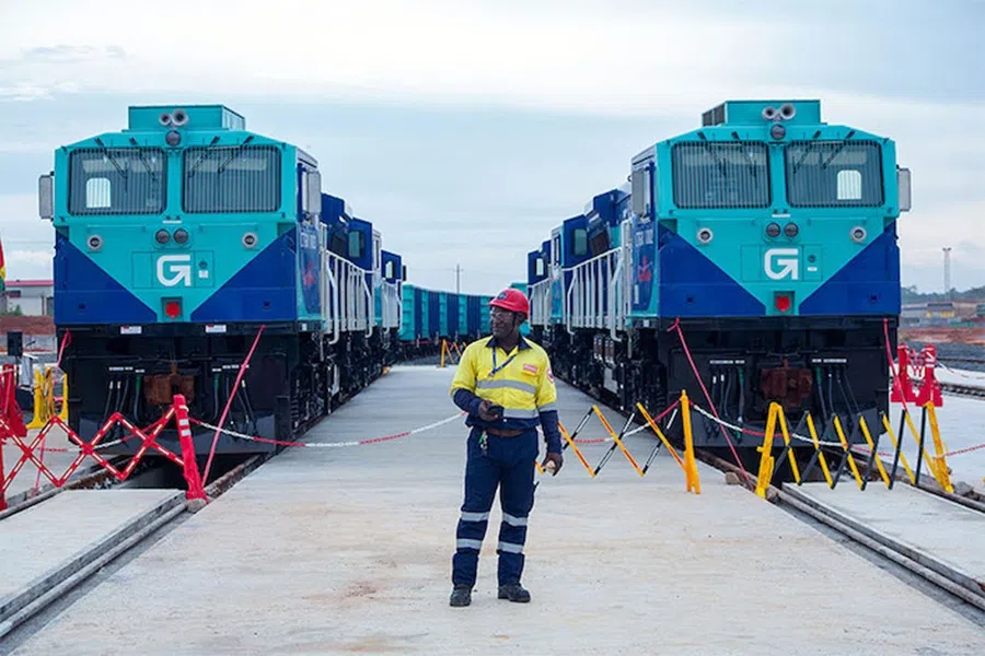 The first batch of 78 locomotives ordered by SimFer on behalf of CTG arrived at the port of Morebaya in September 2025. (Photo provided by Caixin)