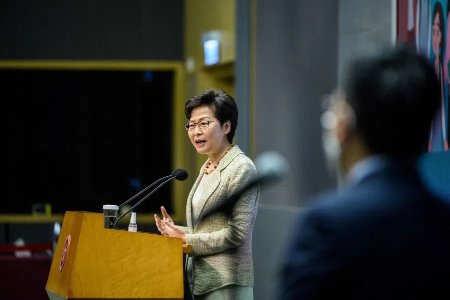 Chief Executive Carrie Lam speaks during a press conference at the government headquarters in Hong Kong on 15 June 2021. (Anthony Wallace/AFP)