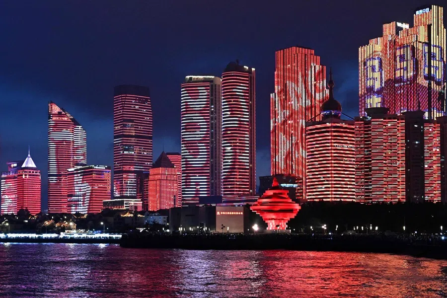 A light show is seen at the May Fourth Plaza in Qingdao, China's eastern Shandong province on 25 July 2025. (Adek BerryAFP)