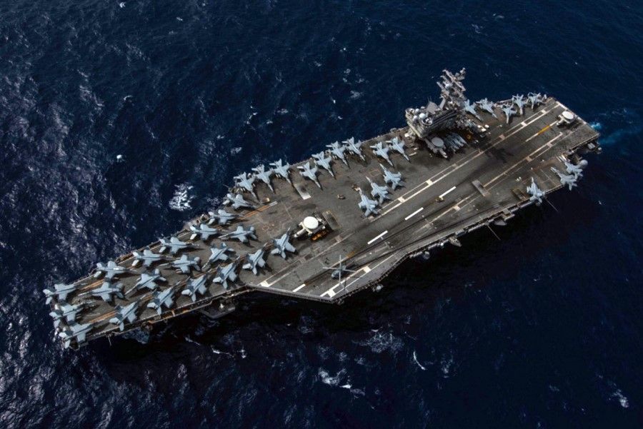 An aerial shot of aircraft carrier USS Ronald Reagan. (Kaila Peters)