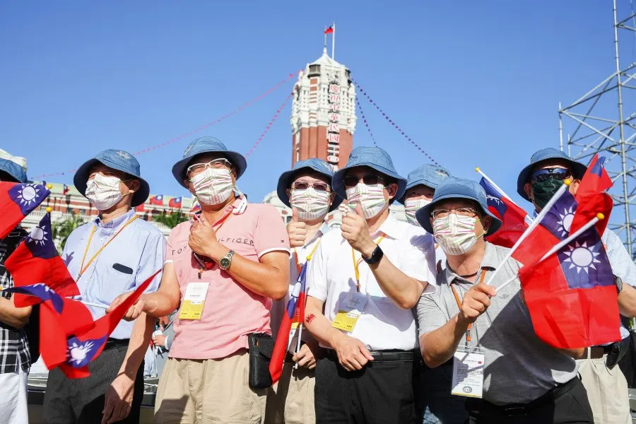 Attendees take a group photo in front of Presidential Palace before the Double Tenth Day celebration starts in Taipei, Taiwan, 10 October 2021. (I-Hwa Cheng/Bloomberg)