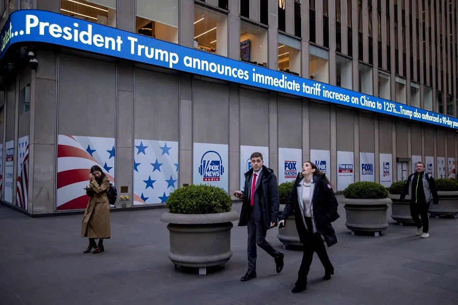 A news ticker displays tariff news on the News Corp building in New York, US, on 9 April 2025. (Michael Nagle/Bloomberg)