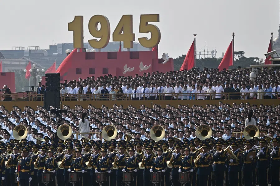A Chinese military band takes part in a parade marking the 80th anniversary of victory over Japan and the end of World War II, in Beijing’s Tiananmen Square on 3 September 2025. (Pedro Pardo/AFP)