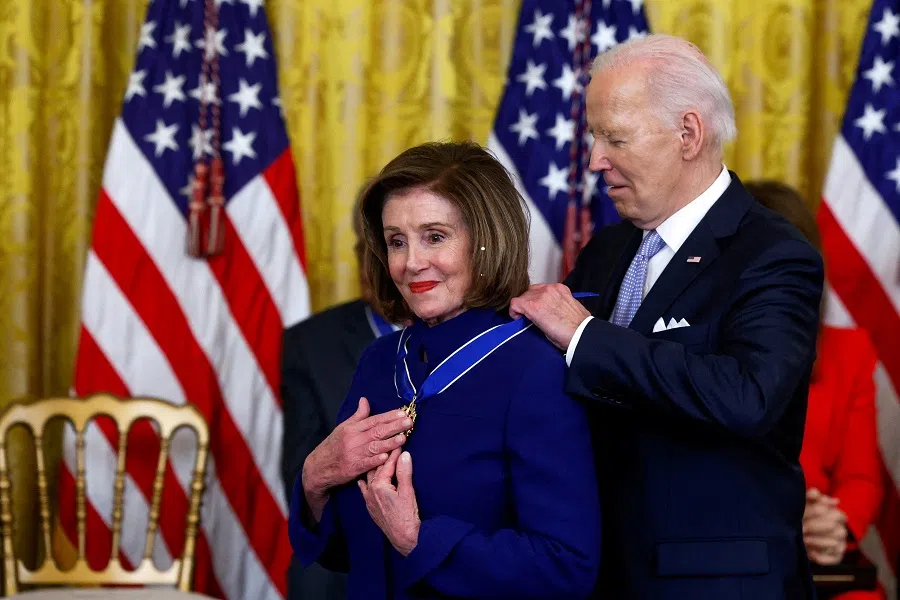 US President Joe Biden presents the Presidential Medal of Freedom to US Representative and former House Speaker Nancy Pelosi during a ceremony at the White House in Washington, US, on 3 May 2024.  (Evelyn Hockstein/Reuters)