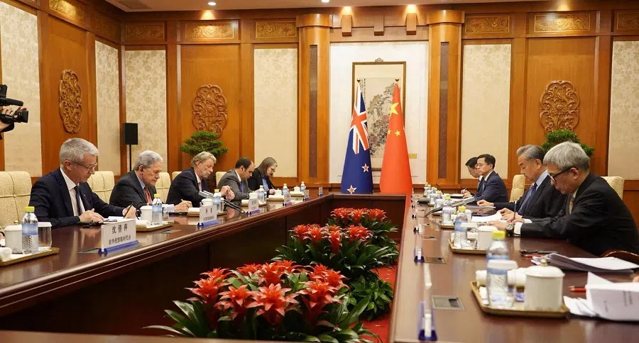 New Zealand’s Foreign Minister Winston Peters attends a bilateral meeting with Chinese Foreign Minister Wang Yi in Beijing on 26 February 2025. (New Zealand Embassy in China/AFP)
