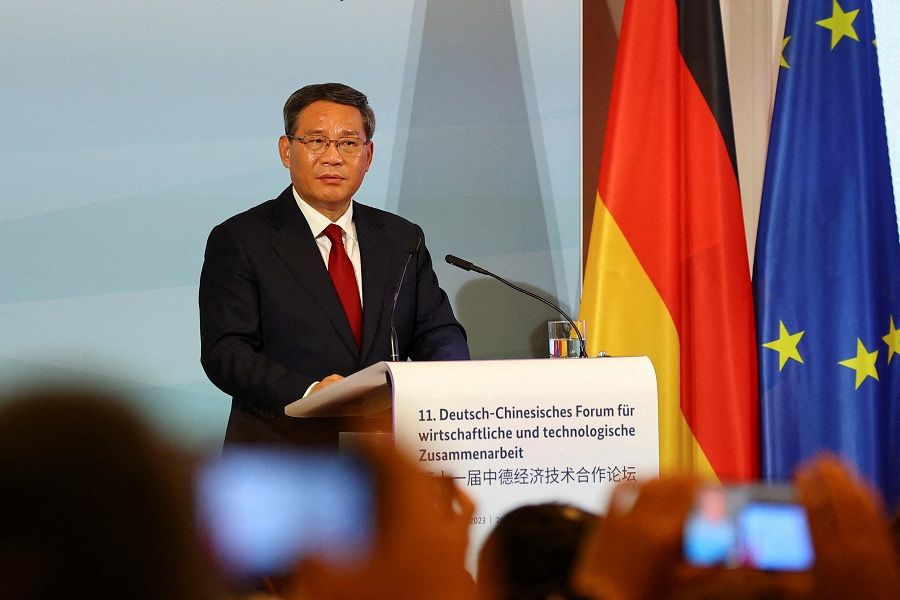 Chinese Premier Li Qiang speaks at a panel during German-Chinese government consultations in Berlin, Germany, on 20 June 2023. (Fabrizio Bensch/Reuters)