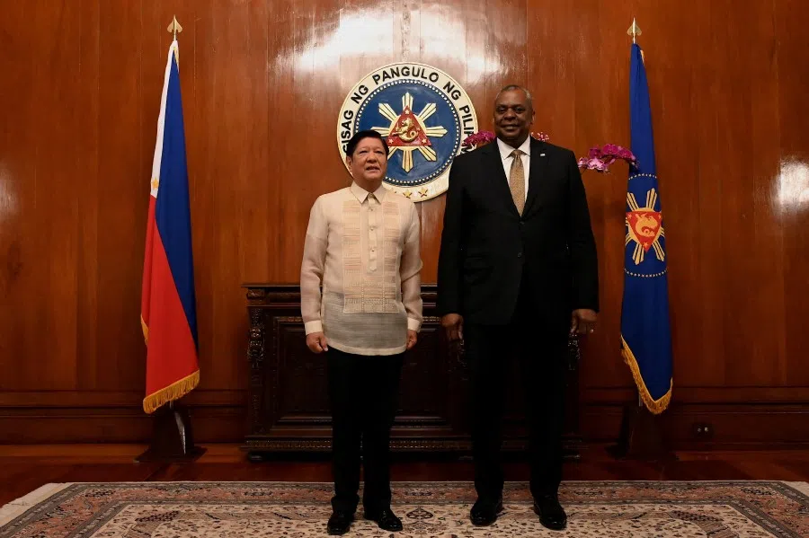 US Defense Secretary Lloyd Austin III (right) meets Philippines President Ferdinand "Bongbong" Marcos Jr. (left) at the Malacanang presidential palace in Manila, Philippines, 2 February 2023. (Jam Sta Rosa/Pool via Reuters)