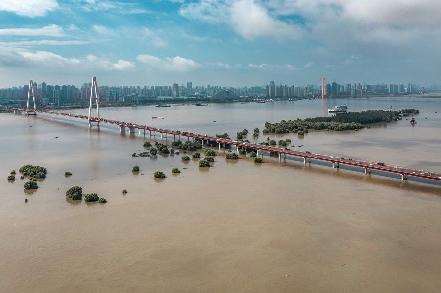 This aerial photo taken on 8 July 2020 shows trees and streets inundated by floodwaters from the swollen Yangtze River following seasonal rains in Wuhan, Hubei province, China. (STR/AFP)