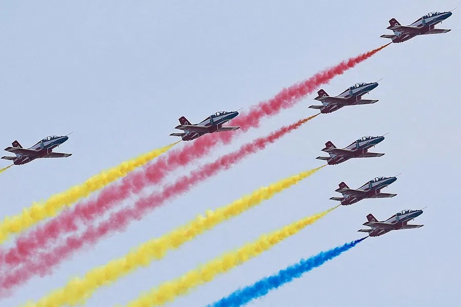 Aircraft of the Chinese People’s Liberation Army Air Force’s Red Falcon aerobatic team perform at the China International Aviation and Aerospace Exhibition, or Airshow China, in Zhuhai, Guangdong province, China, on 12 November 2024. (Tingshu Wang/Reuters)