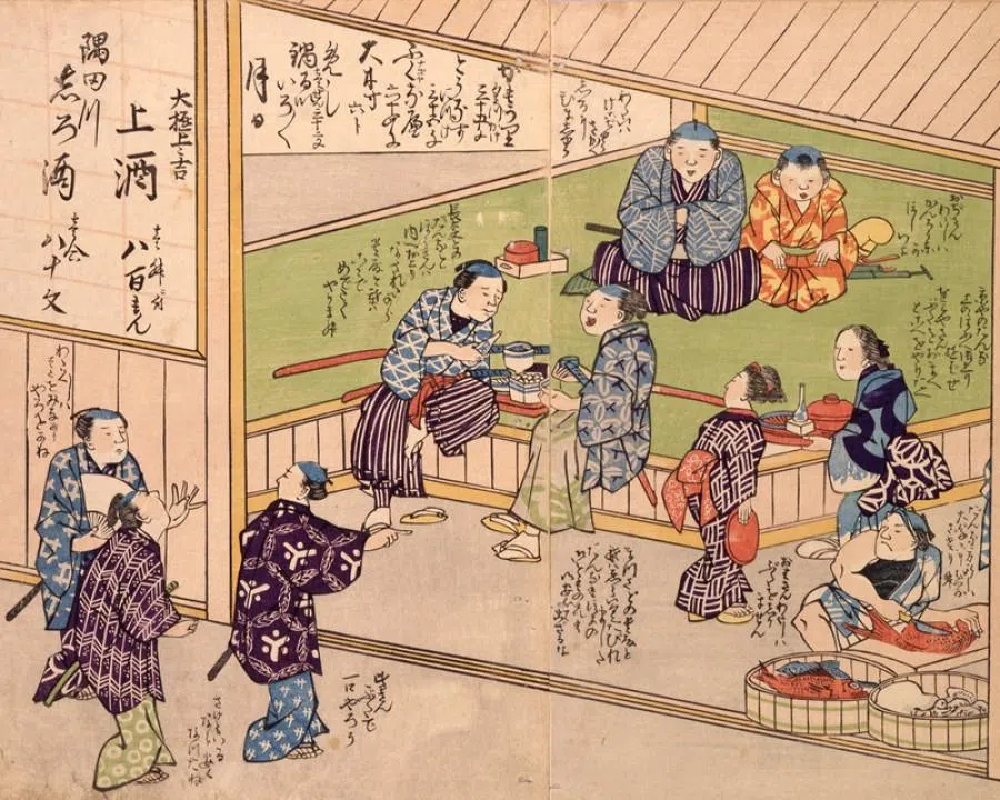 An ukiyo-e style promotional leaflet called hikifuda, depicting an Edo period izakaya. (Internet)
