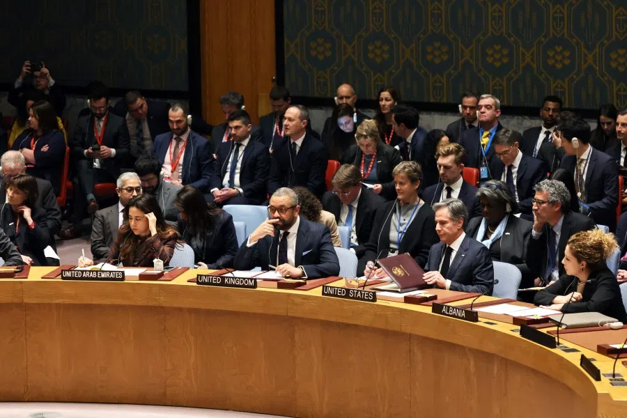 Members of the Security Council listen as Permanent Representative of Russia to the United Nations Vasily Nebenzya speaks during a meeting concerning the war in Ukraine at United Nations headquarters on 24 February 2023 in New York City. (Michael M. Santiago/Getty Images/AFP)