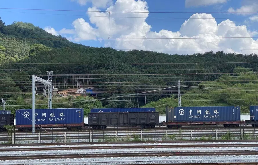 A China-Laos cross-border freight train, Mohan, at the China-Laos border, on 19 October 2023.