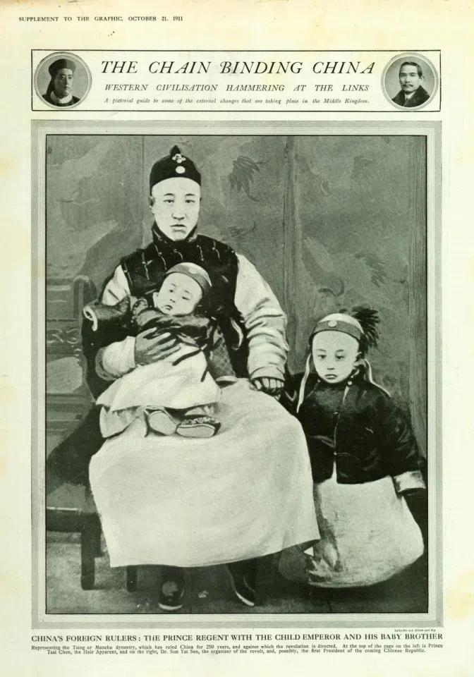 On 21 October 1911, British newspaper The Graphic carried a supplement on the Xinhai Revolution. The commentary was about how the revolution had directly impacted 250 years of Manchu rule, and Sun Yat-sen was likely to be the first president of the Republic. Just 11 days after the Wuchang uprising, the British newspapers predicted how the revolution would go, while many in China had not heard of Sun. The cover shows Prince Zaizhen (inset, left), Sun Yat-sen (inset, right), Prince Chun/Zaifeng (seated), Pu Jie (in arms), and Pu Yi (standing).