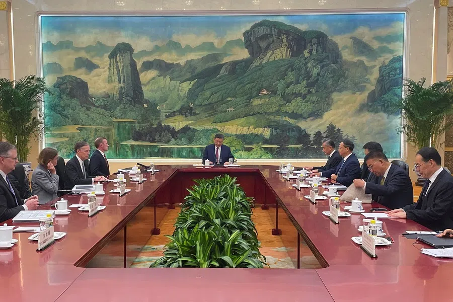 US national security adviser Jake Sullivan, accompanied by US ambassador to China Nicholas Burns, meets Chinese President Xi Jinping, accompanied by Chinese Foreign Minister Wang Yi at the Great Hall of the People in Beijing, China, on 29 August 2024. (Trevor Hunnicutt/Pool/Reuters)