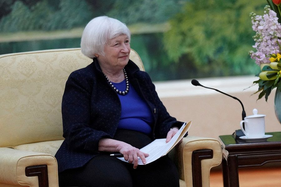 US Treasury Secretary Janet Yellen meets Chinese Premier Li Qiang (not pictured) at the Great Hall of the People in Beijing, China, on 7 April 2024.  (Tatan Syuflana/Pool via Reuters)