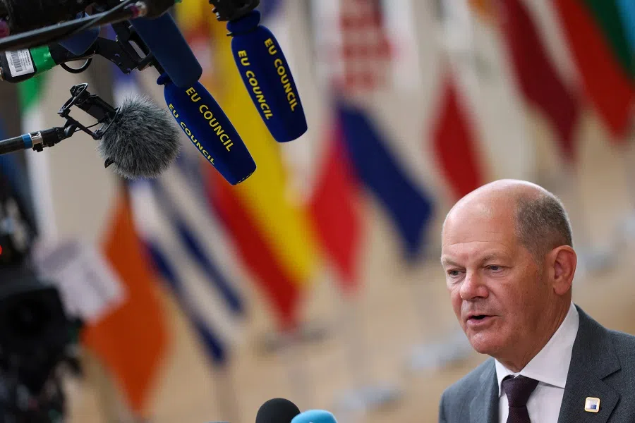 Germany’s Chancellor Olaf Scholz speaks to the media, as he attends a European Union leaders’ summit in Brussels, Belgium, on 27 June 2024.