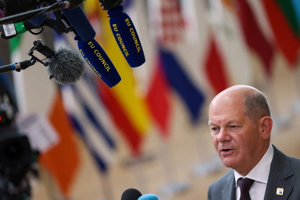 Germany’s Chancellor Olaf Scholz speaks to the media, as he attends a European Union leaders’ summit in Brussels, Belgium, on 27 June 2024. (Johanna Geron/Reuters)