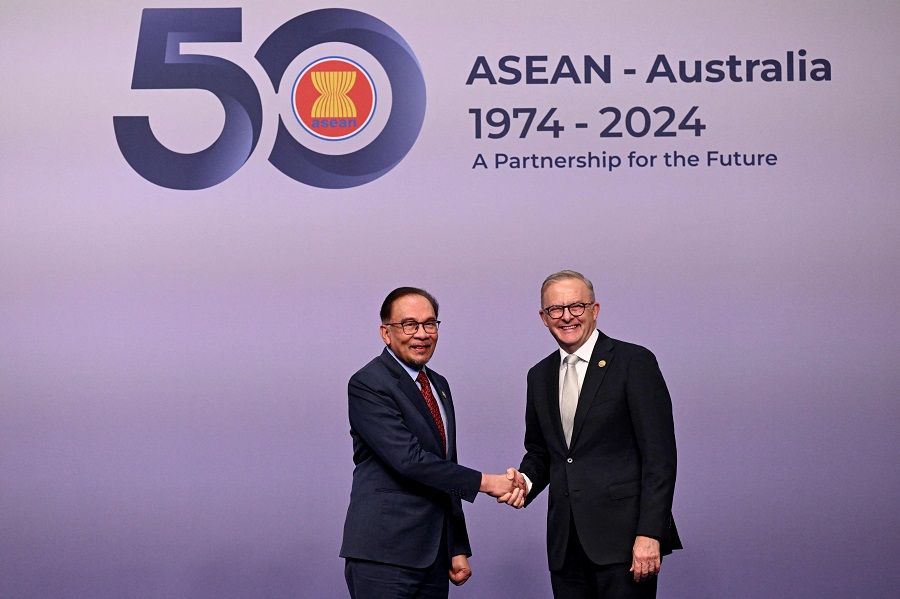 Australia's Prime Minister Anthony Albanese (right) greets Malaysia's Prime Minister Anwar Ibrahim at the 50th ASEAN-Australia Special Summit in Melbourne on 5 March 2024. (William West/AFP)