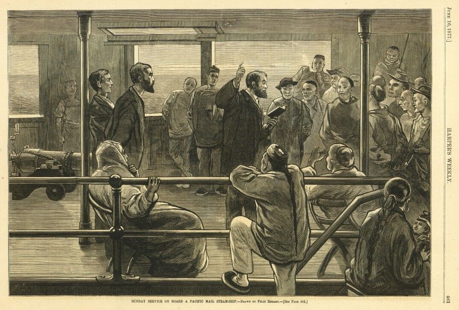 "Sunday service on board a pacific mail steam-ship", Harper's Weekly, 16 June 1877. The ship in the picture is preparing to go from San Francisco to Japan. Most of the Chinese are well-dressed and wearing bowler hats. They were probably wealthier and of a higher status than the coolies as they were able to bring their families on these trips. As the journeys were long and there was no other entertainment on board, it was a good chance to spread the word of God. Nearly every mail ship had a pastor attached, and even without one, the captain would hold the service. Sunday services were popular, with the cabin filled to capacity and some people having to hold on to the railings to listen to the sermon. There was an element of white superiority to this, as many pastors believed it was the work of God for Chinese to bring American culture and Christianity back to China. A pastor of the time wrote: "God has brought the Chinese among us, so that we can tell them the story of the cross. We teach them so that they can discard their foolish heathen idols and take away the sin of the world, and become God's lambs." Businessman Gilbert M. Sproat said to the Royal Commission on Chinese Immigration that "all progress in China has long ago stopped", while "the evil attains complete development". He added that the Chinese were "in a state of low animal apathy", and cared only for self-preservation.