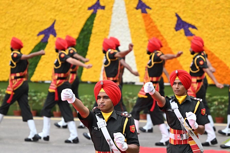 Indian soldiers prepare for the guard of honour before the arrival of India's Prime Minister Narendra Modi at the Red Fort during the celebrations to mark the country's 77th Independence Day in New Delhi, India on 15 August 2023. (Sajjad Hussain/AFP)