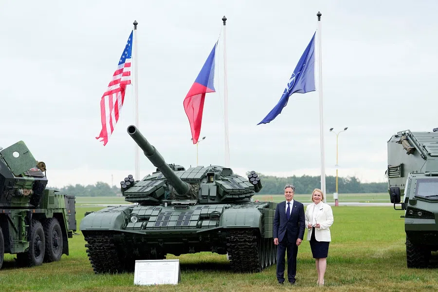 US Secretary of State Antony Blinken and Czech Defense Minister Jana Cernochova pose for a picture at a Czech Defence Capabilities event at Prague-Kbely Airport, in Prague, Czech Republic, on 30 May 2024. (Peter David Josek/Reuters)