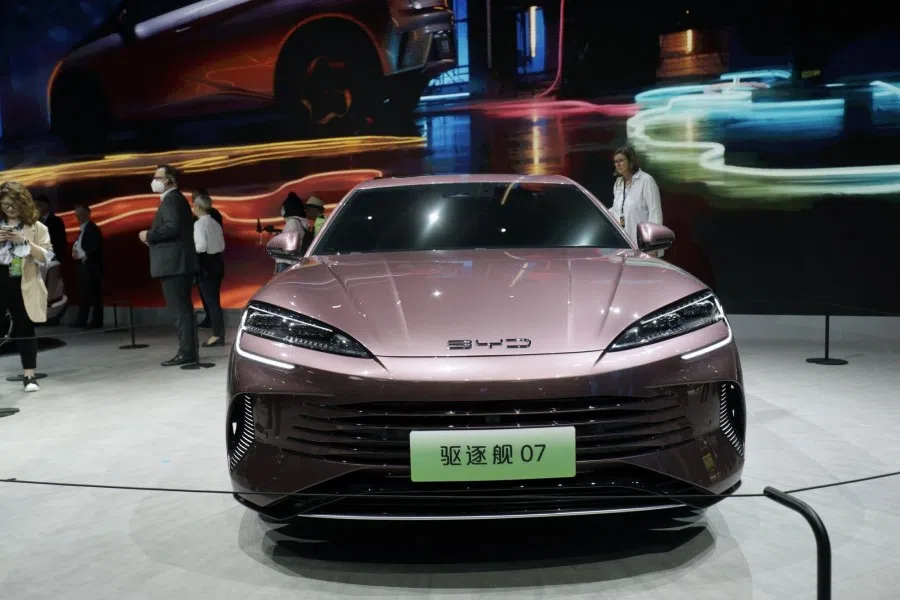 A BYD Co. Destroyer 07 plug-in-hybrid-electric vehicle (PHEV) at the Shanghai Auto Show in Shanghai, China, on 18 April 2023. (Qilai Shen/Bloomberg)