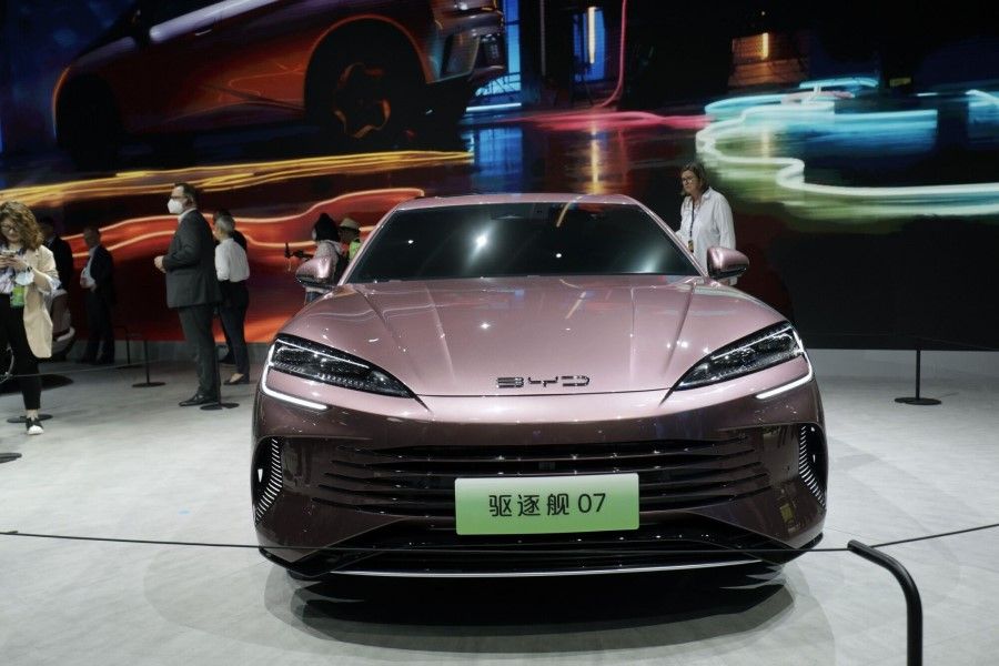 A BYD Co. Destroyer 07 plug-in-hybrid-electric vehicle (PHEV) at the Shanghai Auto Show in Shanghai, China, on 18 April 2023. (Qilai Shen/Bloomberg)