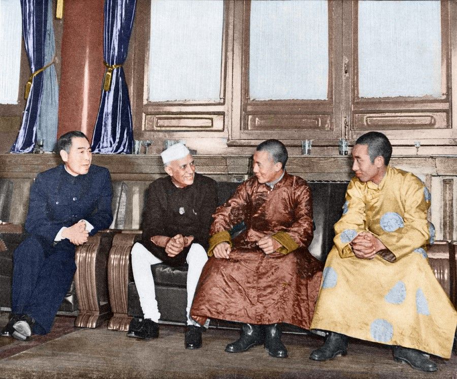 The Dalai Lama and Panchen Lama with visiting Indian Prime Minister Nehru in Beijing, 1955. All signed a statement following the first session of the first National People's Congress objecting to the imperialist use of the atomic bomb.