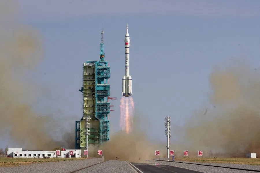 A Long March-2F rocket carrying the Shenzhou-20 spacecraft takes off from the Jiuquan Satellite Launch Center for a crewed mission to China’s Tiangong space station, near Jiuquan, Gansu province, China, on 24 April 2025. (China Daily via Reuters)