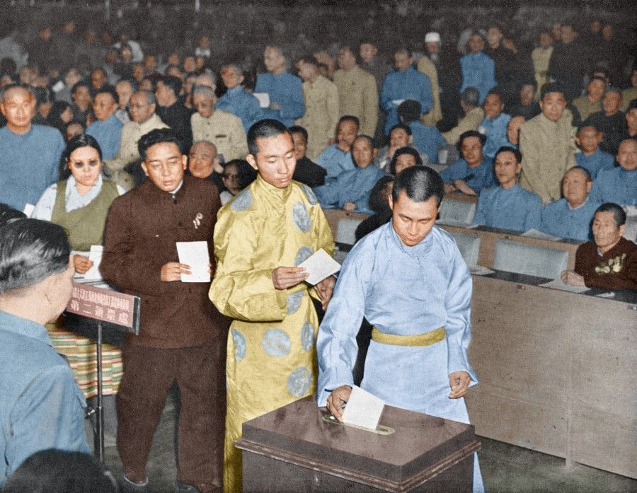 The Panchen Lama and Dalai Lama voting at a meeting of the Chinese People's Political Consultative Conference (CPPCC), December 1954. The Dalai Lama was made Preparatory Committee for the Autonomous Region of Tibet (PCART) chairman and the Panchen Lama deputy chairman, with Ngapo as secretary-general.