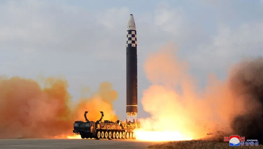 This picture taken on 18 November 2022 and released by North Korea's official Korean Central News Agency (KCNA) on 19 November 2022 shows the launch of North Korea's new intercontinental ballistic missile (ICBM) "Hwasong Gun 17", at Pyongyang International Airport. (KCNA via KNS/AFP)