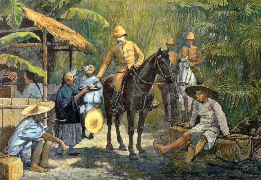 An illustration in the March issue of the Illustrated London News, 1890, showing British travellers in Taiwan. In the picture, the Han people in Taiwan are friendly to the foreign travellers, offering them food and drink. In the background are a bamboo forest and banana trees.