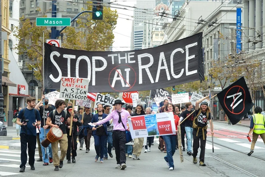 Protesters during a "Stop the AI Race" demonstration calling for a slowdown in the development of advanced artificial intelligence systems in San Francisco, California, on 17 September 2026.