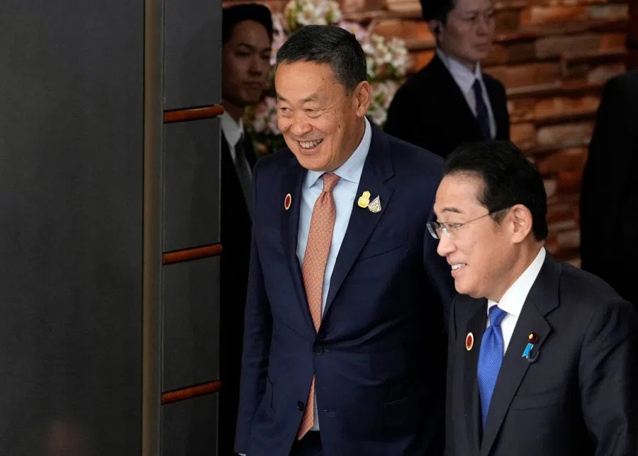 Japan's Prime Minister Fumio Kishida (R) and Thailand's Prime Minister Srettha Thavisin attend a bilateral meeting, on the sidelines of the ASEAN-Japan Summit, at the prime minister's official residence in Tokyo on 17 December 2023. (Franck Robichon/AFP)