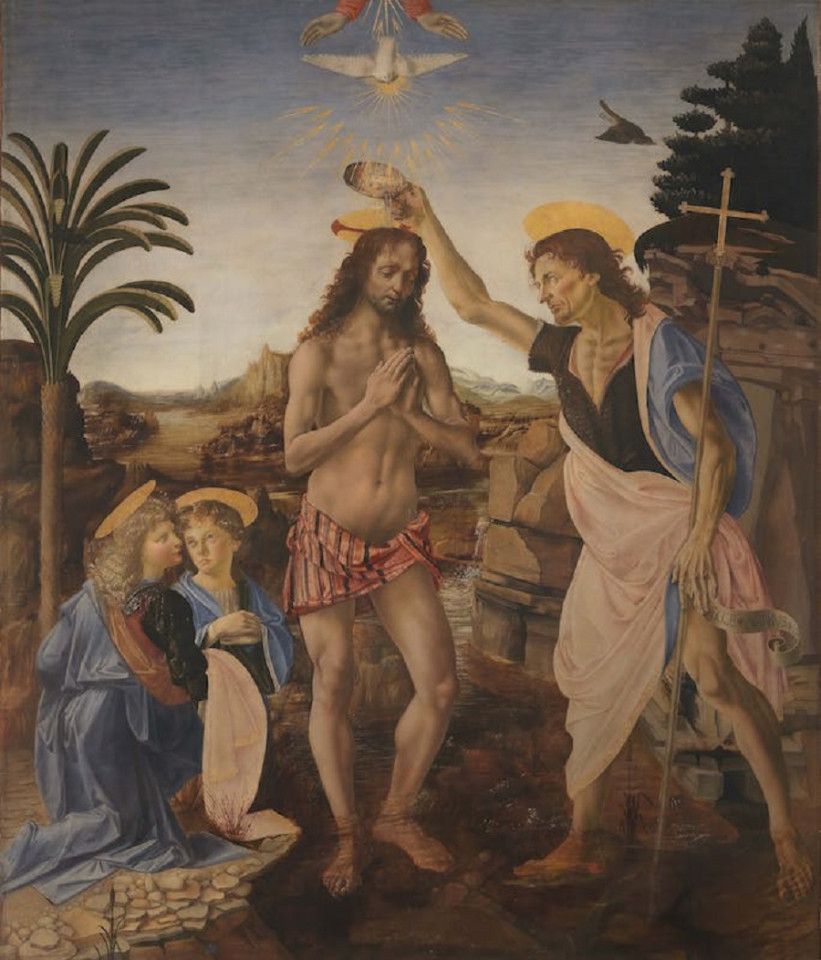 Andrea del Verrocchio and Leonardo da Vinci, The Baptism of Christ, The Uffizi.
