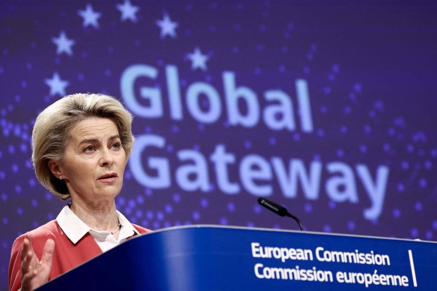 European Commission President Ursula von der Leyen speaks during a press conference on the Global Gateway at the EU headquarters in Brussels, on 1 December 2021. (Kenzo Tribouillard/AFP)