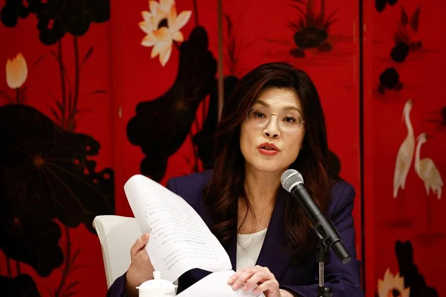 Cheng Li-wun, chairperson of the Kuomintang (KMT), Taiwan's largest opposition party, attends a press conference following her meeting with Chinese President Xi Jinping, in Beijing, China, on 10 April 2026.