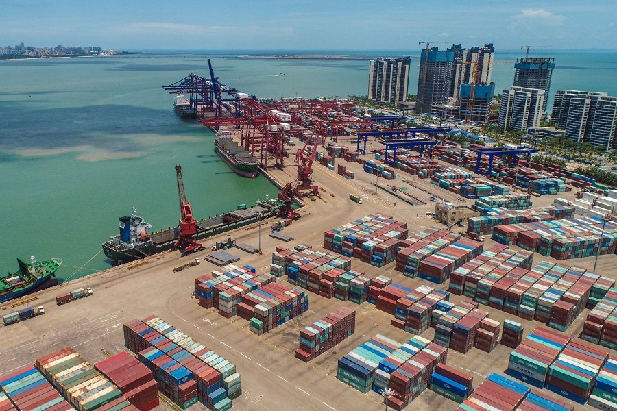 This aerial photo taken on 17 May 2021 shows a port in Haikou, Hainan province, China. (STR/AFP)