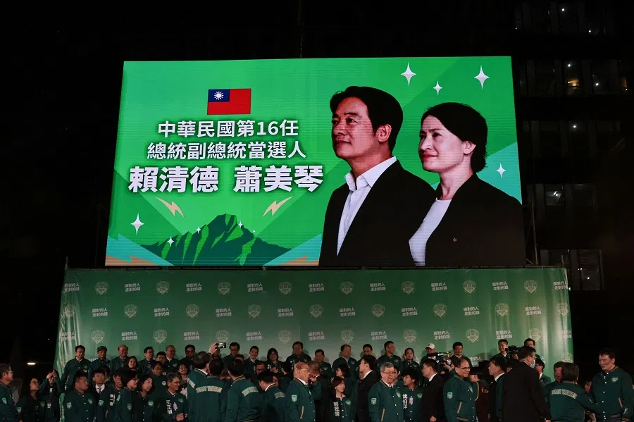 A display shows Taiwan's President-elect Lai Ching-te and his running mate Hsiao Bi-khim during a rally outside the headquarters of the Democratic Progressive Party (DPP) in Taipei on 13 January 2024. (Yasuyoshi Chiba/AFP)