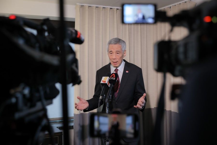 Singapore Prime Minister Lee Hsien Loong speaking with the media at the Lotte New York Palace Hotel in New York City, 30 March 2022. (SPH Media)