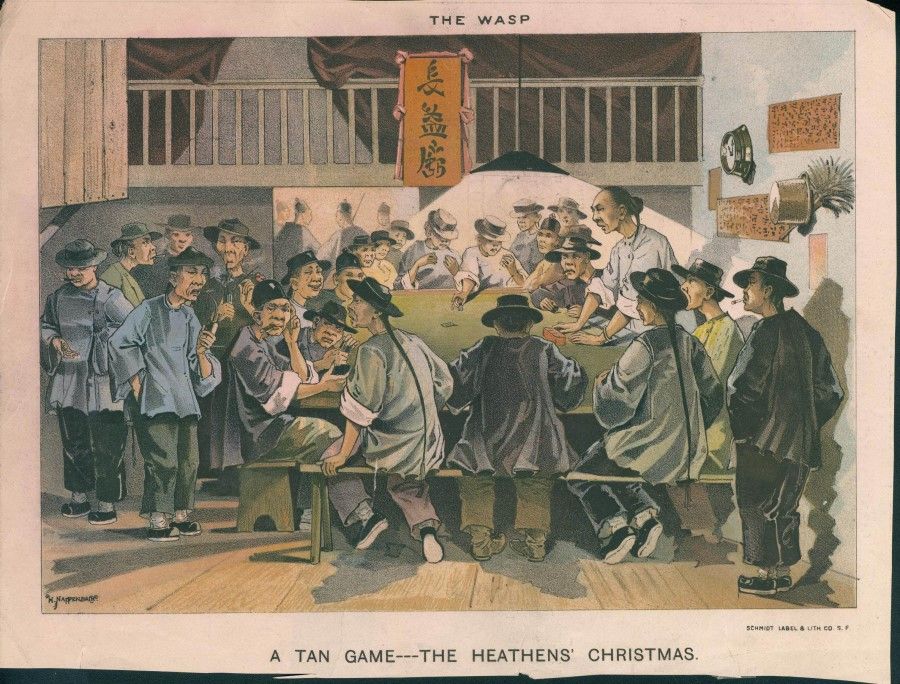 An illustration from US satirical magazine The Wasp, 1880s, depicting the Chinese tradition of gambling during the Chinese New Year, calling it "A Tan game - the heathens' Christmas".