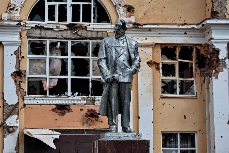 This photograph taken on 16 August 2024 during a media tour organised by Ukraine, shows a damaged statue of the founder of the Soviet Union Vladimir Lenin in the Ukrainian-controlled Russian town of Sudzha, Kursk region. (Yan Dobronosov/AFP)