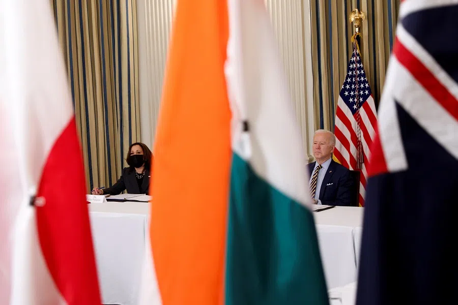 US President Joe Biden and Vice President Kamala Harris participate in a virtual meeting with Quad nation leaders at the White House in Washington, US, 12 March 2021. (Tom Brenner/Reuters)