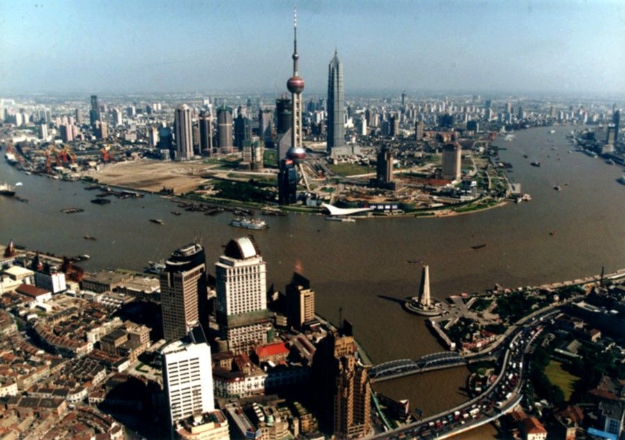 A general view of Pudong, 1992. This used to be farmland, but was now the centre of Shanghai's growth. Over the next 20 years, it would become the Manhattan of Shanghai.