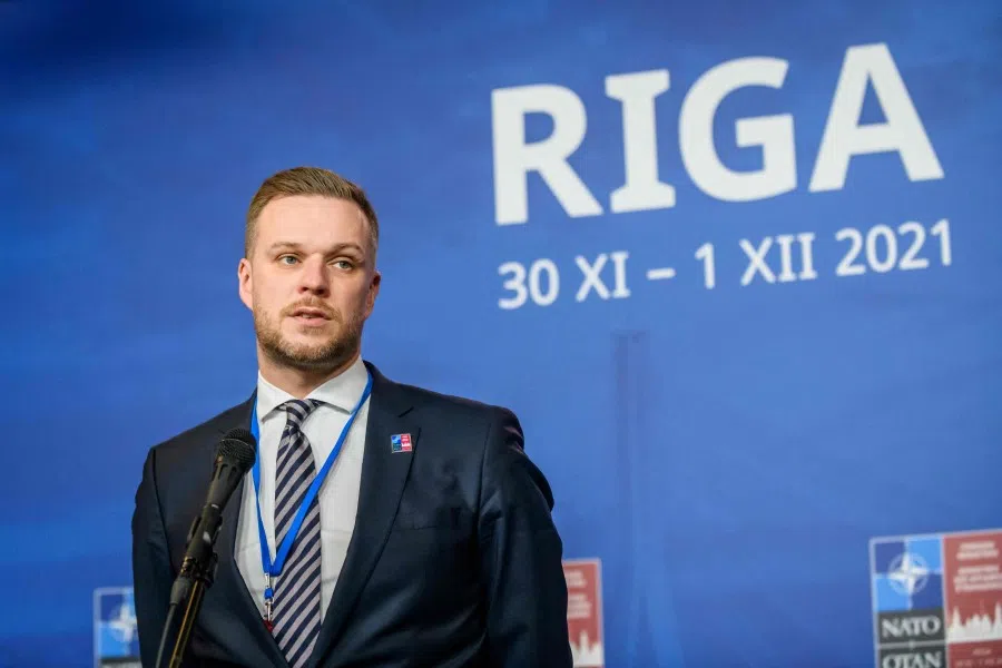 Gabrielius Landsbergis, Foreign Minister of Lithuania, speaks to journalists at the NATO foreign ministers' meeting in Riga, Latvia on 30 November 2021. (Gints Ivuskans/AFP)