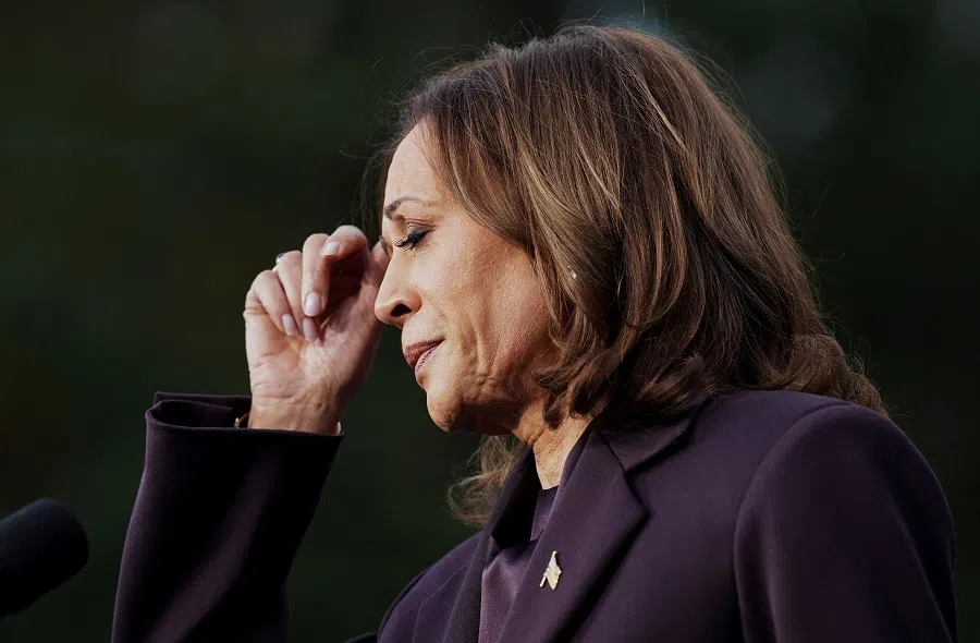 Democratic presidential nominee US Vice-President Kamala Harris reacts as she delivers remarks, conceding the 2024 US presidential election to President-elect Donald Trump, at Howard University in Washington, US, on 6 November 2024.