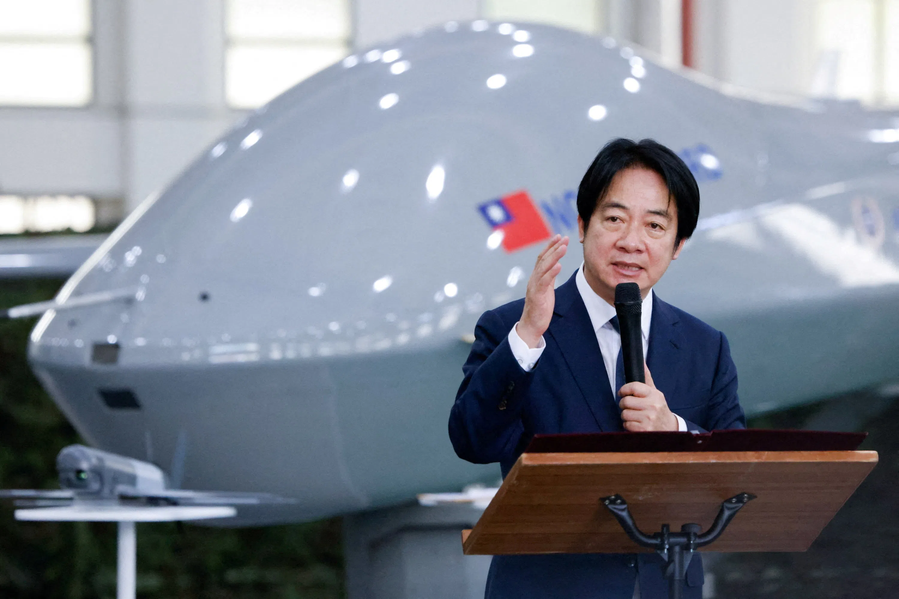 Taiwan President Lai Ching-te speaks in front of a Teng Yun unmanned aerial vehicle during a visit to the National Chung-Shan Institute of Science and Technology (NCSIST) to inspect developments in drone technology in Taichung, Taiwan, 17 July 2026.