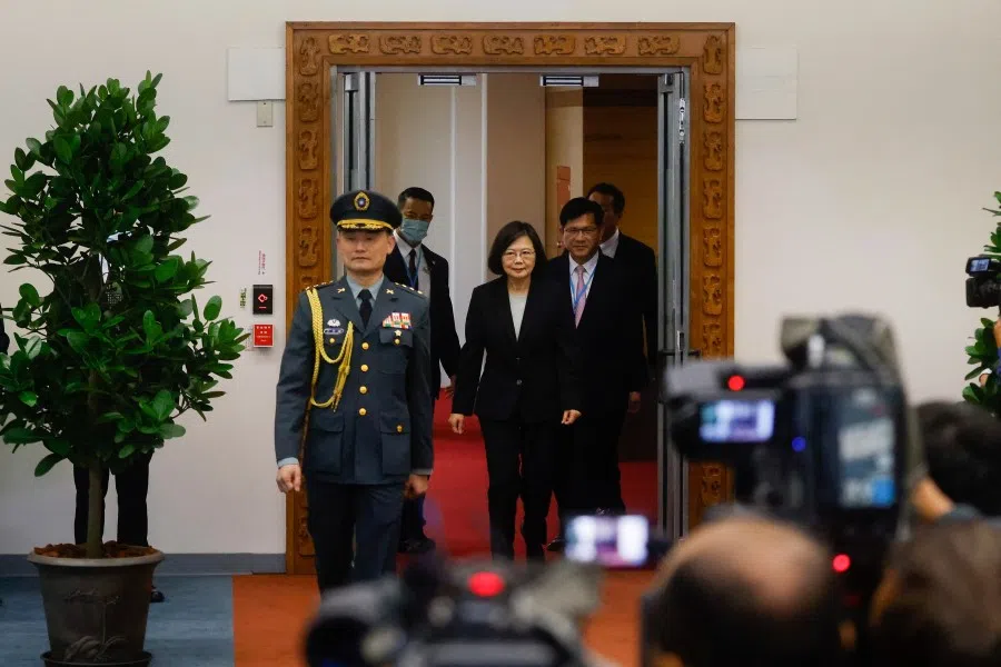 Taiwanese President Tsai Ing-wen arrives for her departure to New York to start her trip to Guatemala and Belize at Taoyuan International Airport in Taoyuan, Taiwan, 29 March 2023. (Ann Wang/Reuters)