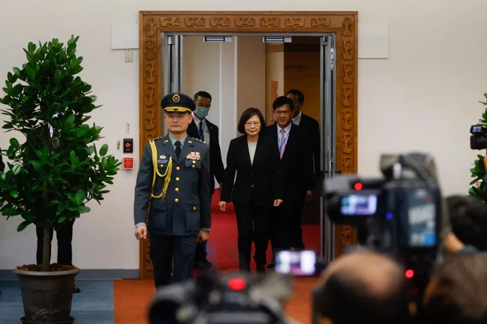 Taiwanese President Tsai Ing-wen arrives for her departure to New York to start her trip to Guatemala and Belize at Taoyuan International Airport in Taoyuan, Taiwan, 29 March 2023. (Ann Wang/Reuters)